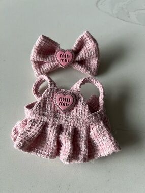 Labubu Miu Miu Pink Tweed Doll Dress & Bow Hair Clip Set